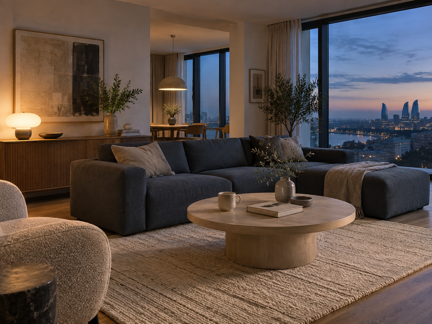 Evening living room with a blue sofa, pale coffee table and warm table lamp