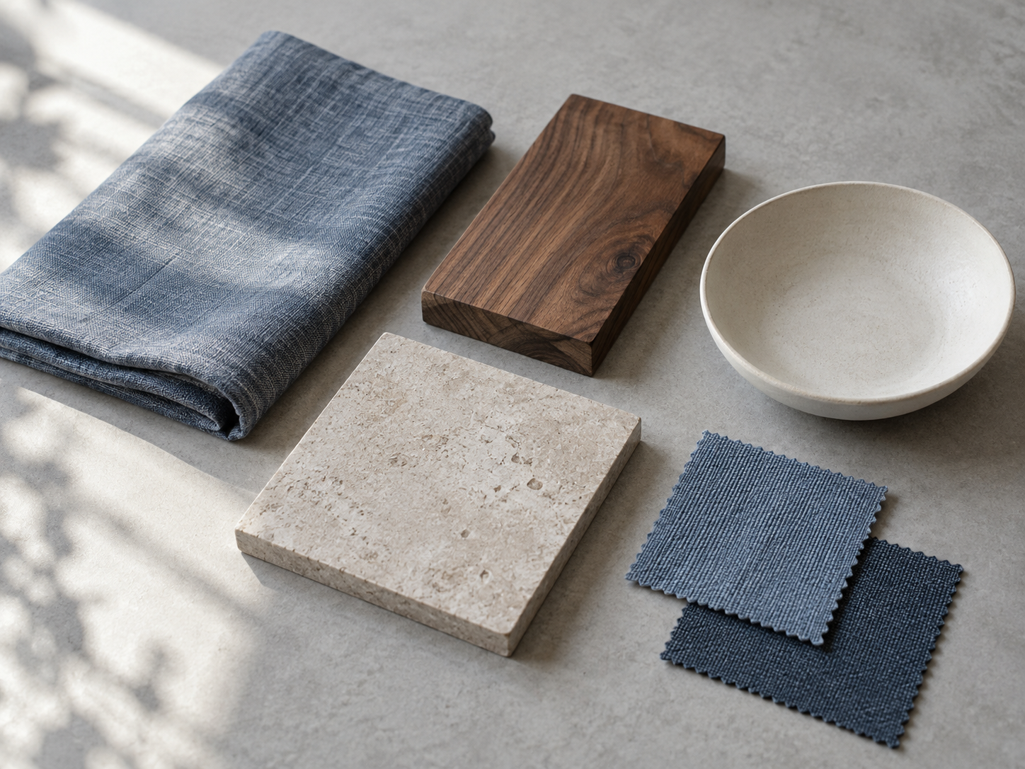 Linen, walnut, limestone and ceramic samples arranged on a studio table