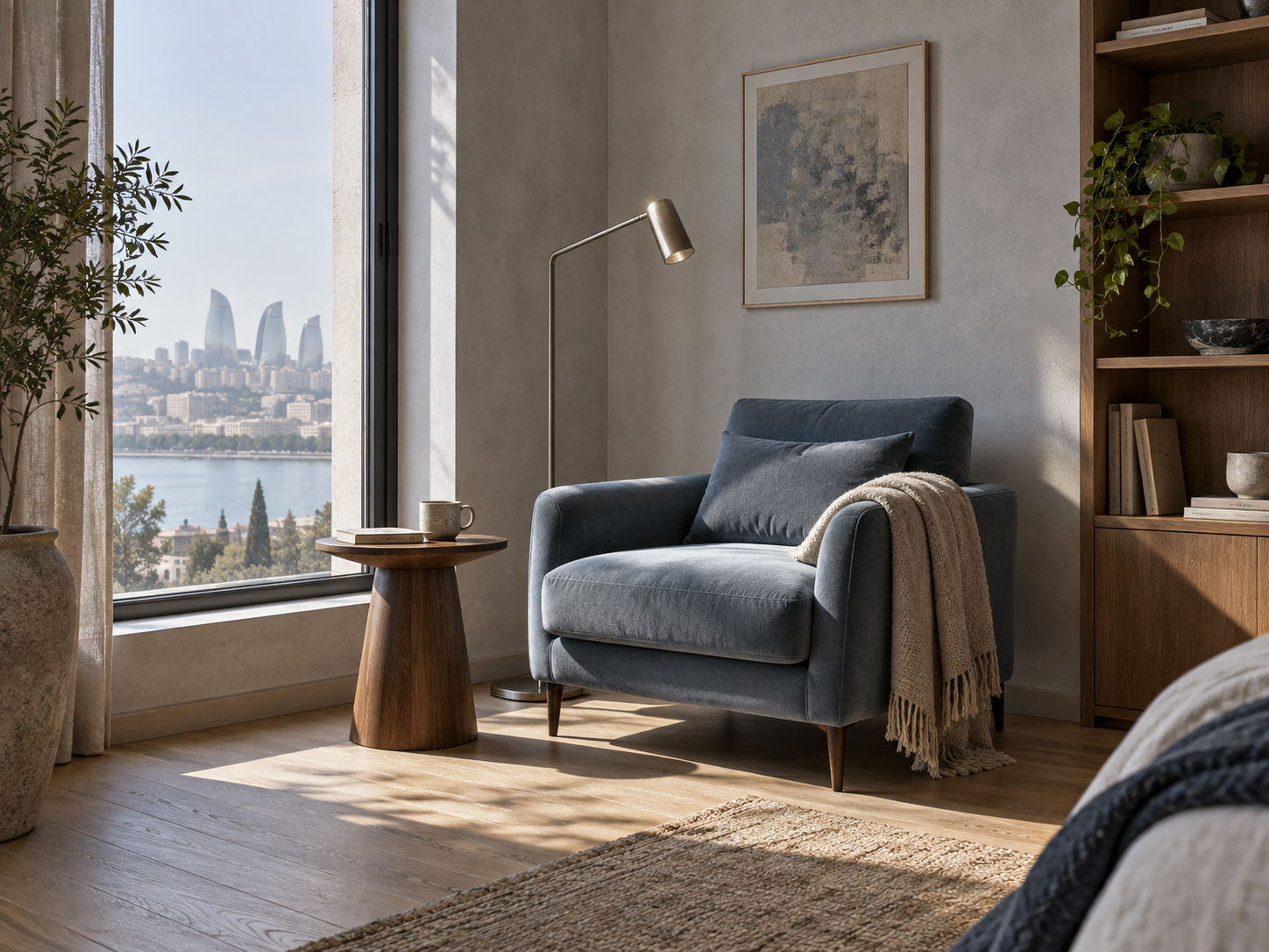 Reading corner with a blue armchair, walnut side table and natural daylight